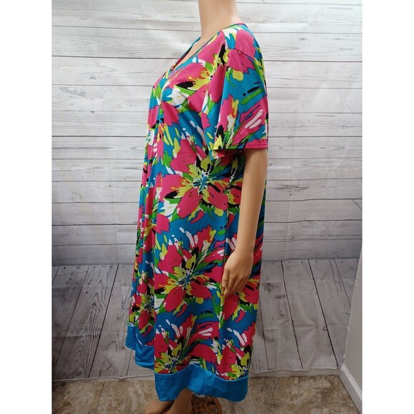 Kim Rogers Stretch Dress Pink Blue Watercolor Floral Pleated Short Sleeve 2X - Picture 4 of 11